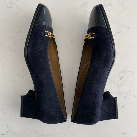 Stuart Weitzman for Browns Patent & Suede Leather Shoes Navy Gold Hardware Sz 7 - Picture 7 of 10